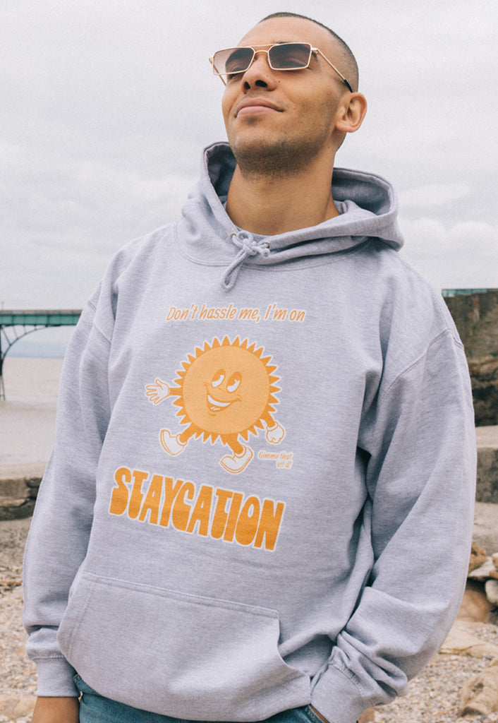 Staycation Men's Slogan Hoodie With Sun Graphic – Batch1