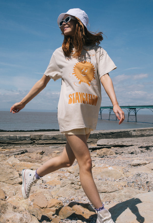 Staycation Women's Slogan T-Shirt With Sun Graphic