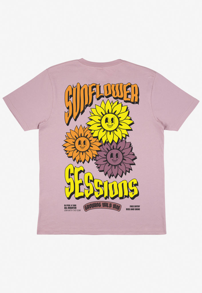 Flatlay of back view of purple unisex t shirt with large back print of music festival style poster and colourful sunflower graphics