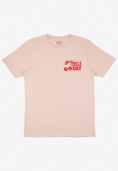 Flatlay of dusty peach tshirt front print with have a cherrific day graphic 