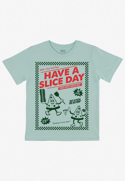 children's unisex pizza t shirt in green with vintage print