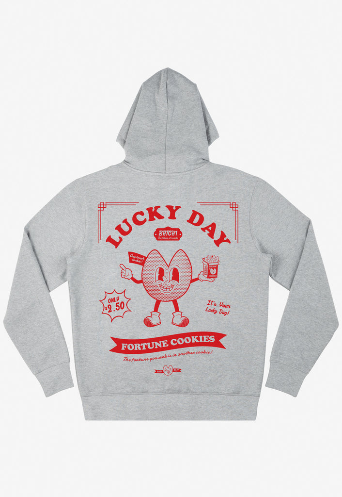 large back of lucky day slogan vintage style print grey hoodie