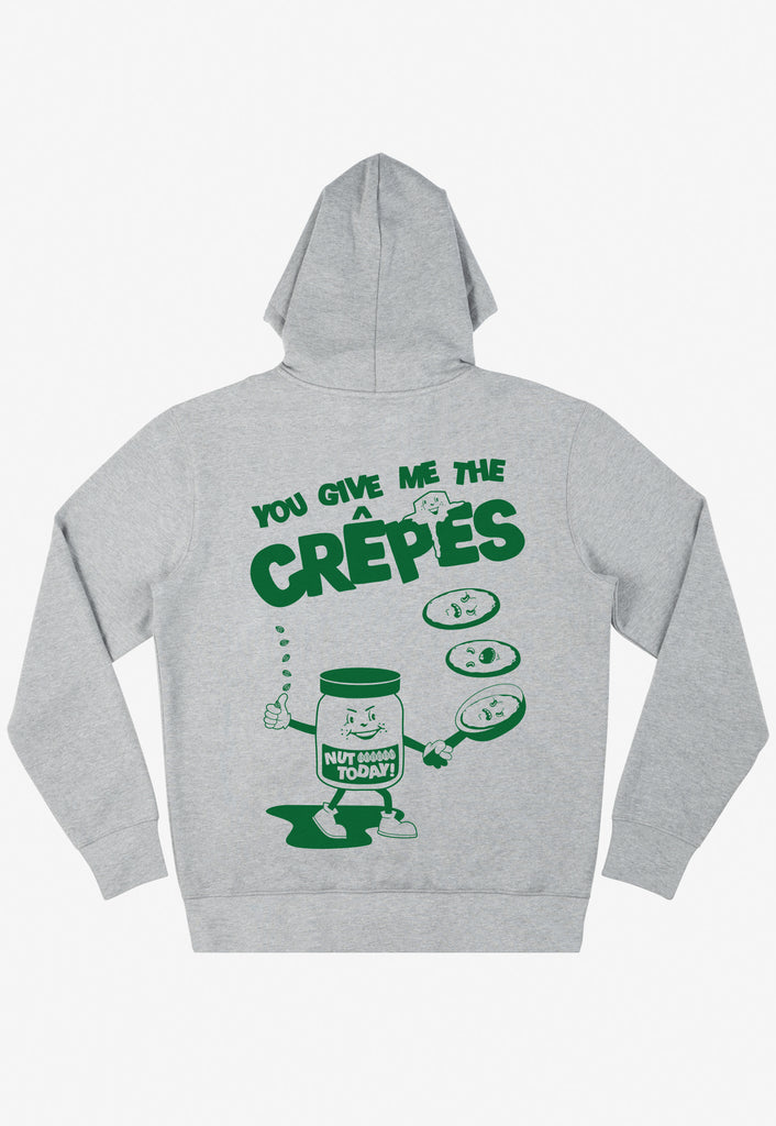 unisex fit hoodie with large back print of vintage style pancake scene and crepes slogan