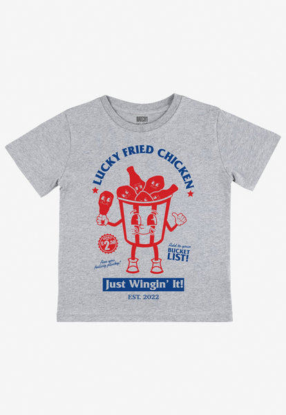 kids organic cotton grey t shirt with fried chicken mascot print