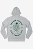 Grey hoodie with large back print of vintage fruit character and positive slogan