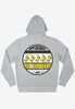 unisex grey hoodie with large back print showing 90s style rave flyer graphics, ripe records logo and vintage style dancing banana 