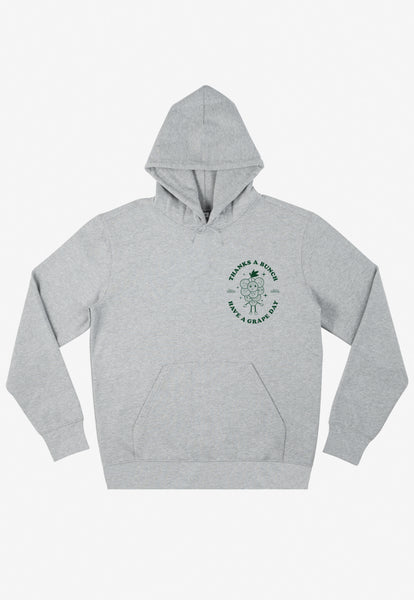 Grey unisex hoodie with small vintage style fruit logo in green print on front