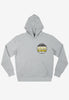 unisex grey hoodie with 90s style rave logo printed front left chest