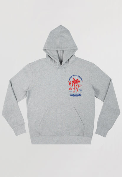 flatlay of grey hooded sweatshirt with front left chest logo showing fried chicken graphic and slogan