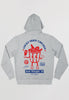 grey hoodie with large back print featuring bucket of fried chicken character and slogan