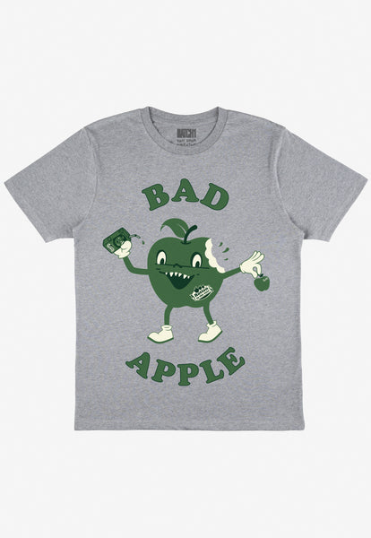 Flatlay of Bad apple graphic grey tshirt