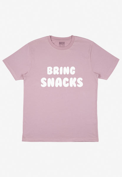 Flatlay of women's purple t shirt with white printed bring snacks logo