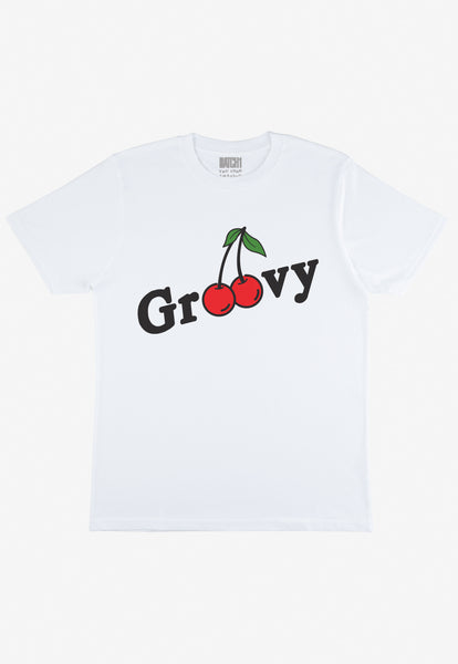 Flatlay of white tshirt with printed groovy slogan and cherry graphic 