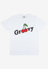 Flatlay of white tshirt with printed groovy slogan and cherry graphic 