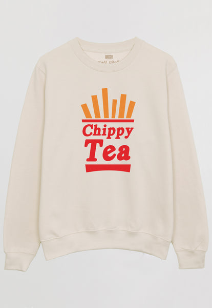 Flatlay of vanilla sweatshirt with Chippy Tea Slogan and fries graphic 