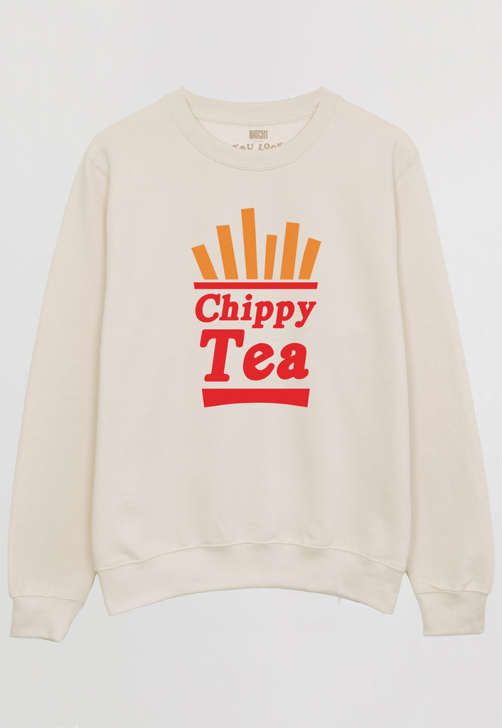 Flatlay of vanilla sweatshirt with Chippy Tea Slogan and fries graphic 