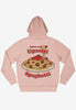 Unisex fit peach hoodie with statement back print illustrated pasta and meatball characters and funny spaghetti slogan