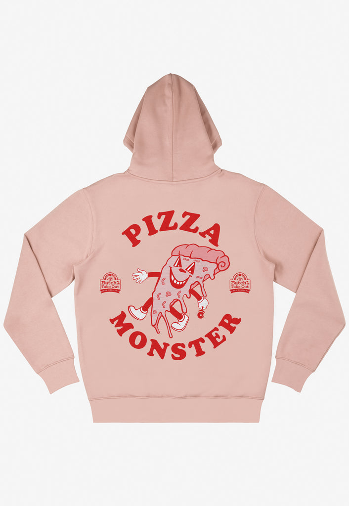 Large back pizza monster graphic print hoodie in peach