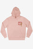 Peach hoodie with funny spaghetti slogan and pasta logo printed front left chest
