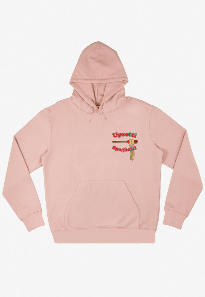 Peach hoodie with funny spaghetti slogan and pasta logo printed front left chest