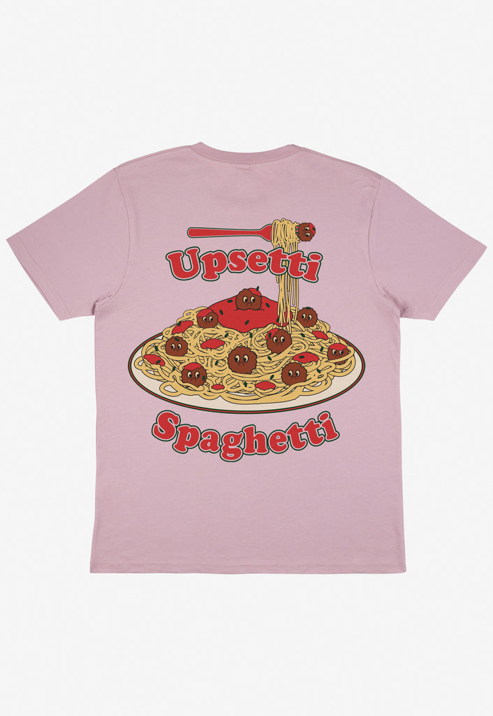 large back print t shirt in purple with illustrated pasta logo and upsetti spaghetti slogan