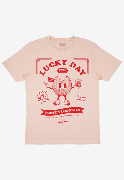 Lucky day slogan front only vintage style printed dusty peach tshirt 