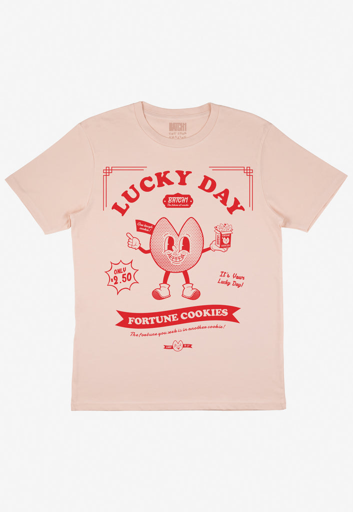 Lucky day slogan front only vintage style printed dusty peach tshirt 