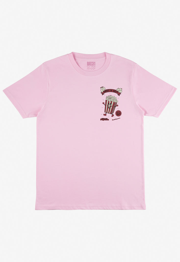small front popcorn guy graphic print tshirt in pink