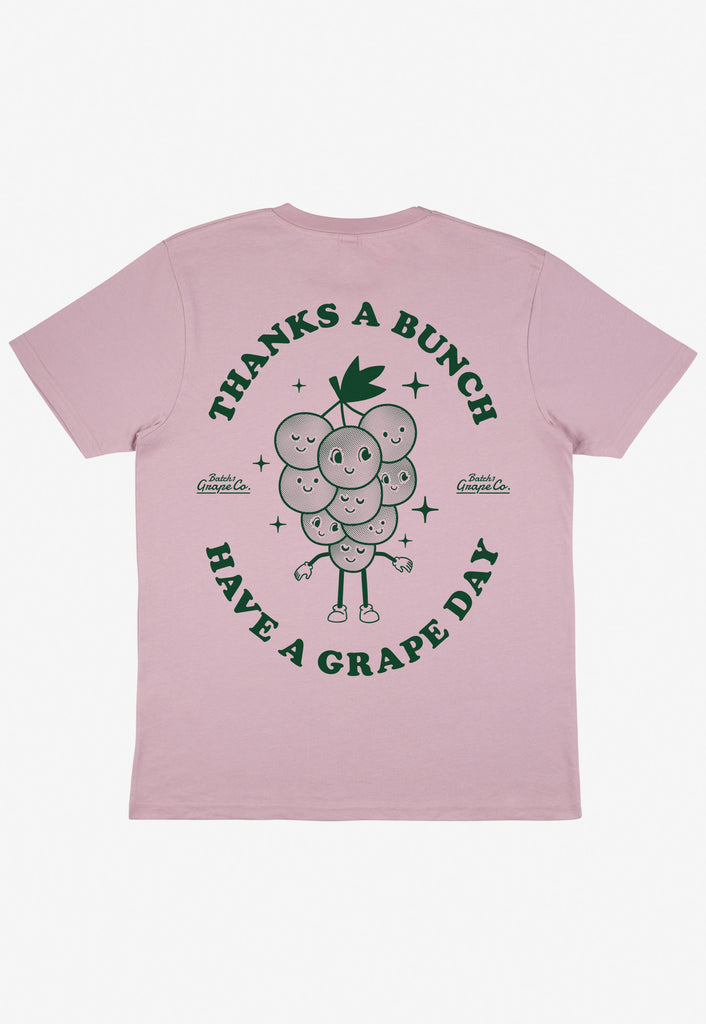 vintage style purple t shirt with large back print showing bunch of grapes graphic and positive slogan