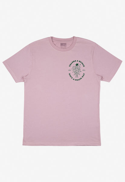 pastel purple organic cotton t shirt with vintage style fruit logo in green print
