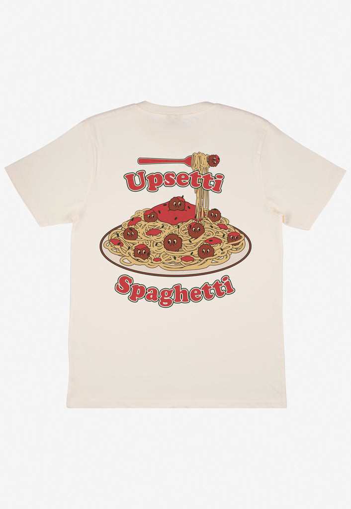 Large spaghetti meatballs graphic back print tshirt in sand