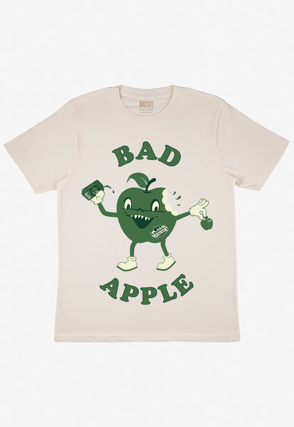 Flatlay of bad apple graphic tshirt in Sand