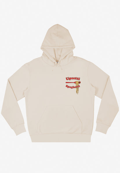 cream hoodie with small spaghetti meatball logo