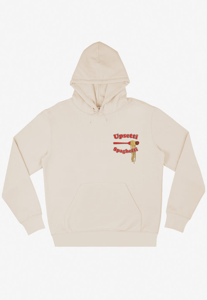 cream hoodie with small spaghetti meatball logo