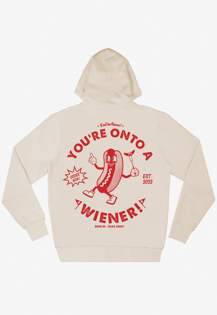 unisex hoodie in vanilla with large back print of vintage style hot dog merch logo