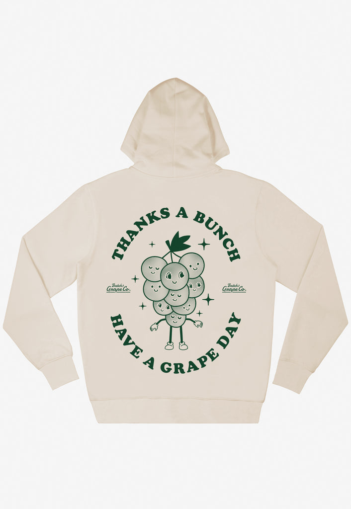 vanilla coloured unisex hoodie with large back print logo of vintage grape character