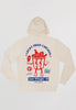 Fkatlay of women's graphic hoodie with large back print logo of vintage chicken mascot and lucky fried chicken slogan