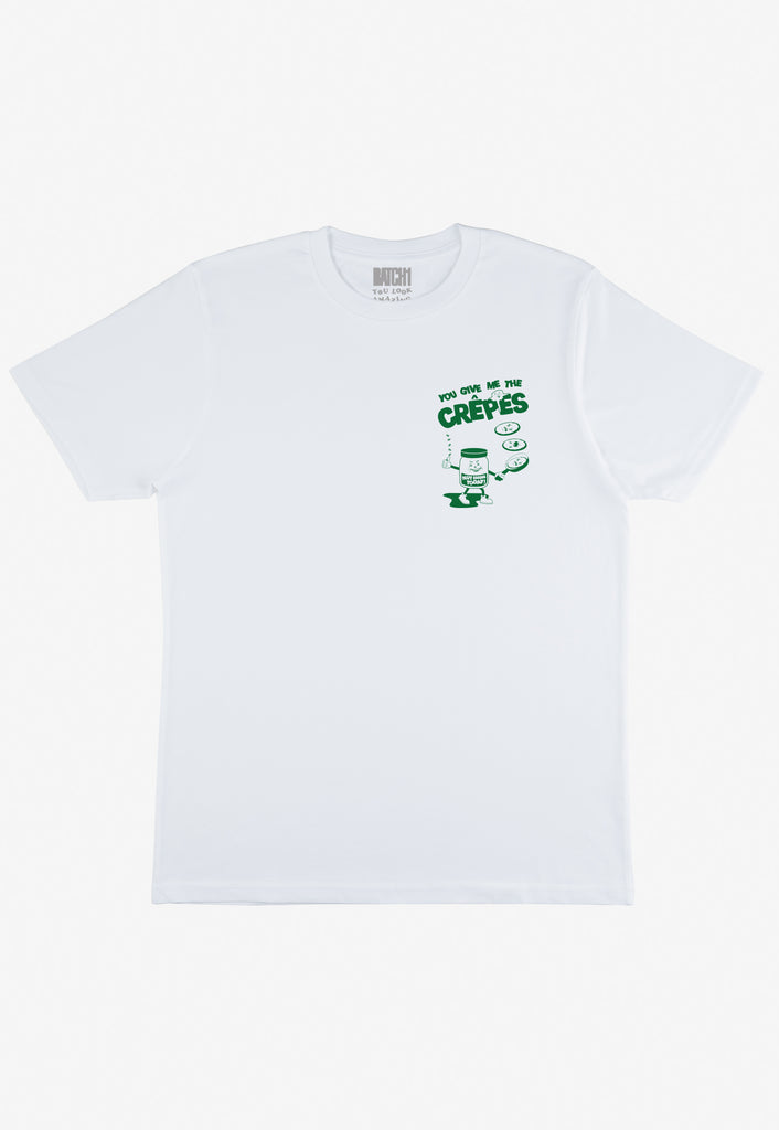 Small front pancake slogan graphic t-shirt in white