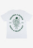 White t shirt with large green back print showing vintage grape character logo and have a grape day slogan