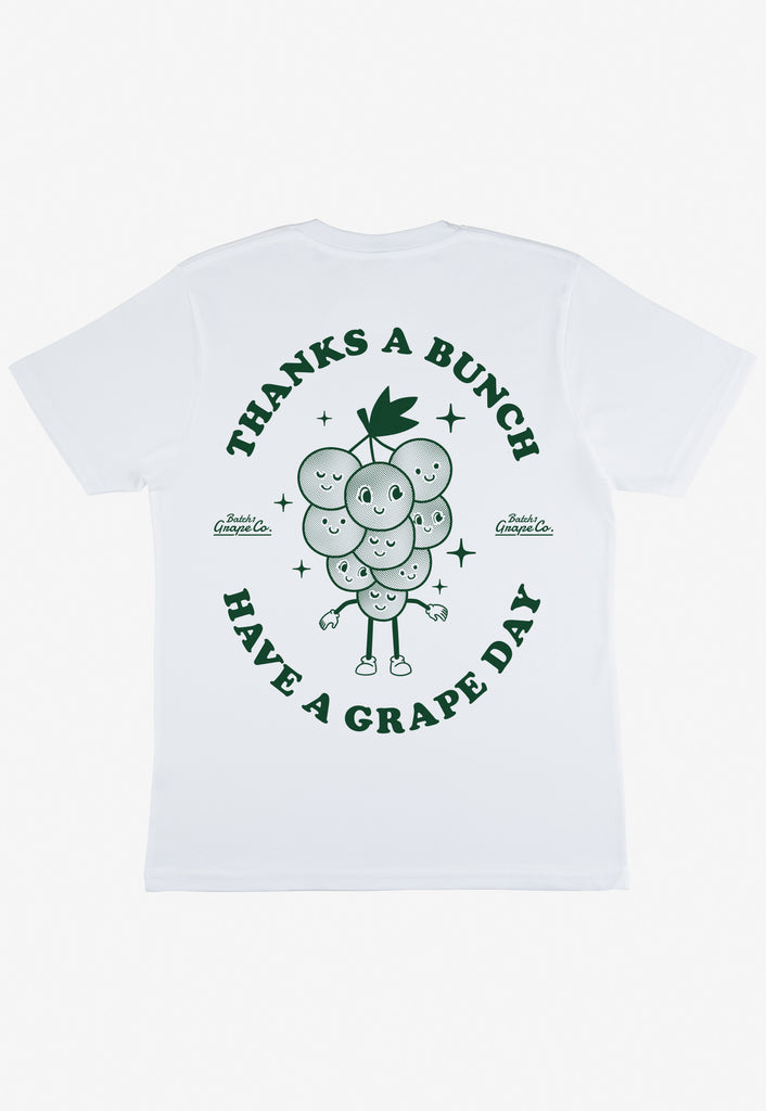 White t shirt with large green back print showing vintage grape character logo and have a grape day slogan