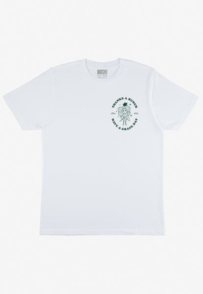 white unisex t shirt with small printed vintage style fruit logo and thanks a bunch slogan