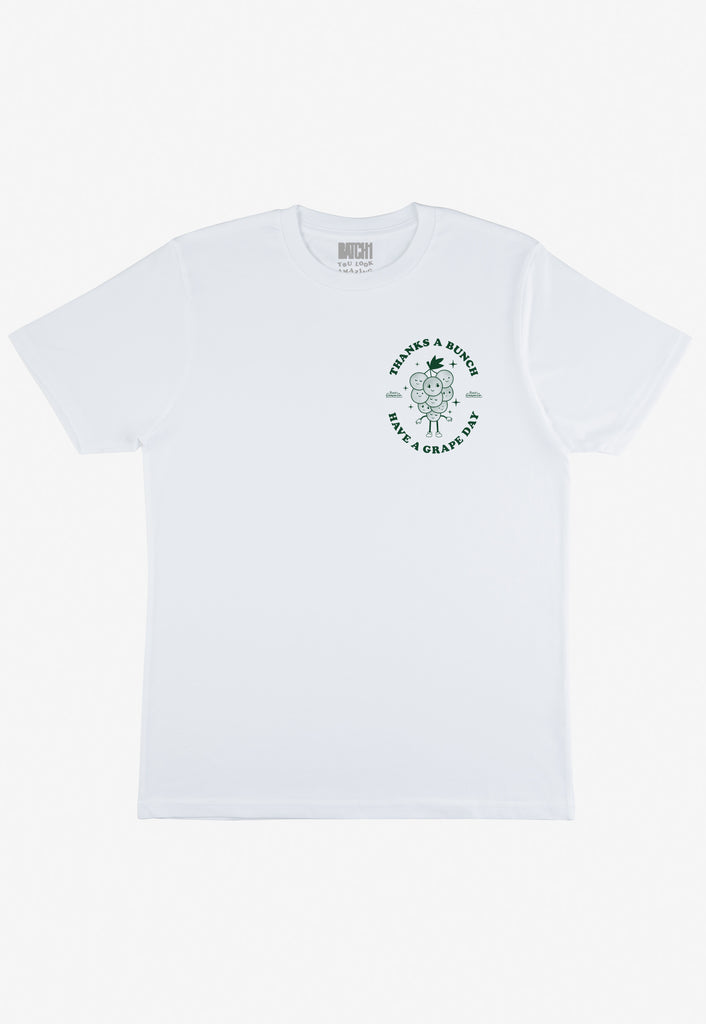 white unisex t shirt with small printed vintage style fruit logo and thanks a bunch slogan