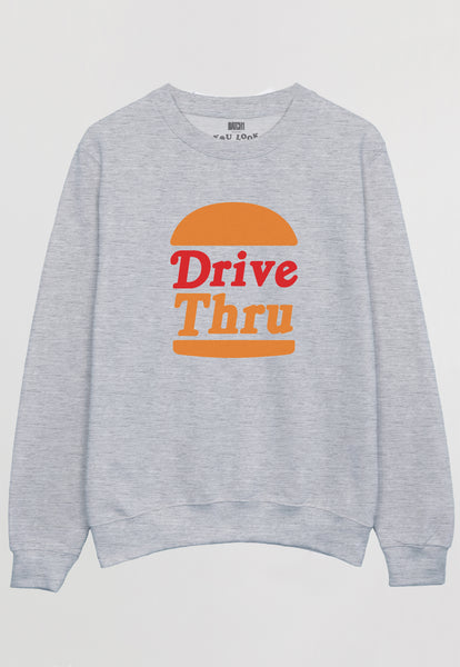 Flatlay of grey sweatshirt with Drive Through slogan and burger graphic 