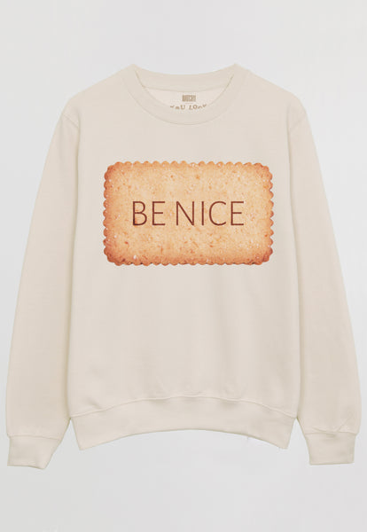 Flatlay of be nice graphic sweatshirt
