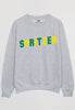 Flatlay of grey sweatshirt with Spritzer slogan 