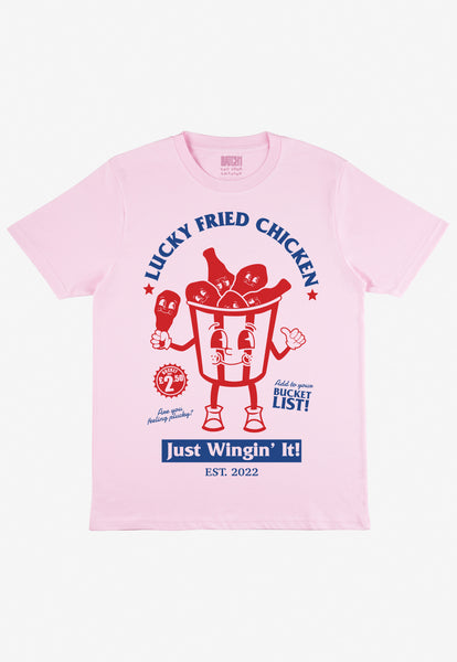 Flat lay of Lucky Fried Chicken slogan tshirt