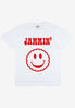 Flatlay if white tshirt with Jammin happy face biscuit graphic print 