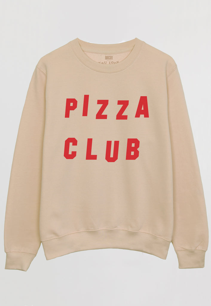 Flatlay of nude sweatshirt with Pizza Club slogan 