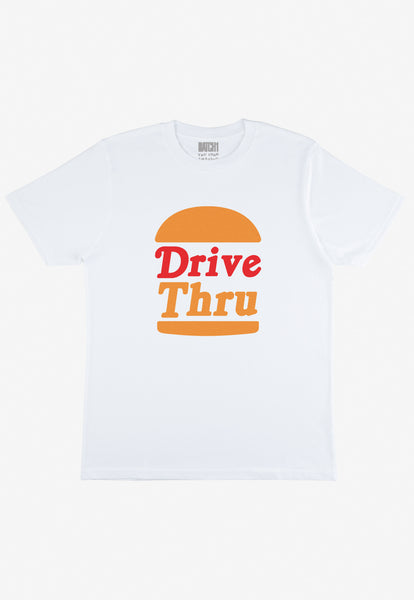 Flatlay of white tshirt with Drive Thru slogan and Burger Graphic