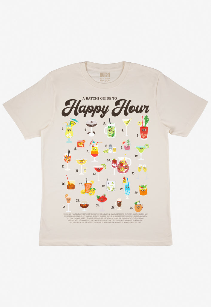 Flatlay of sand tshirt with Happy Hour slogan and cocktail guide character graphic